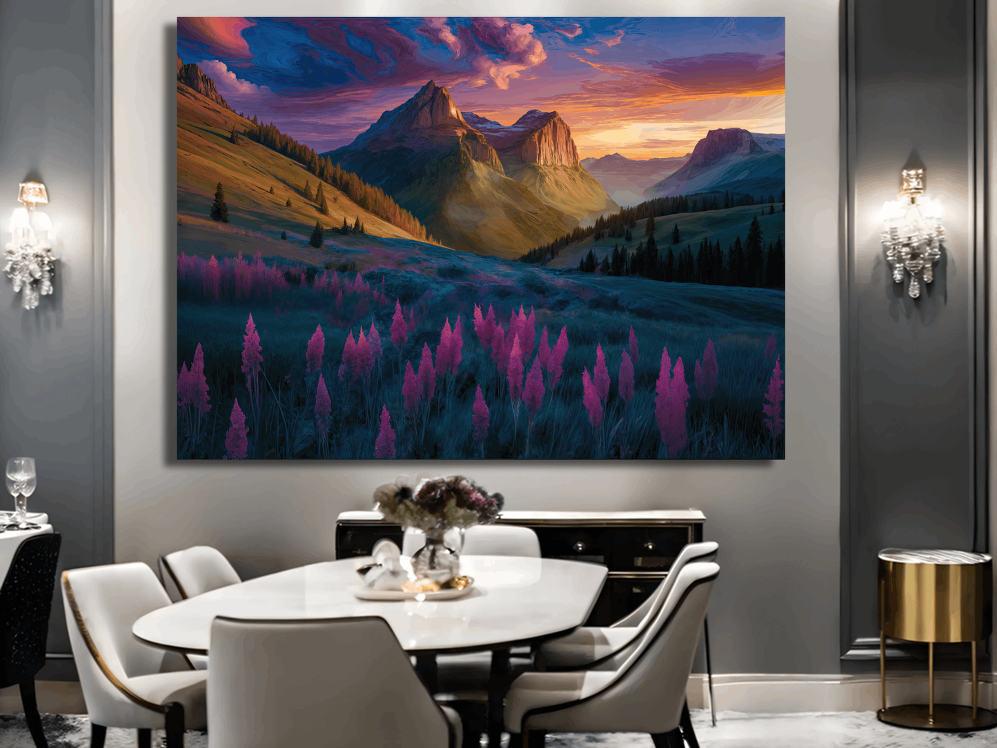 Blossoms Beneath Sunset Peaks Painting Wall Art