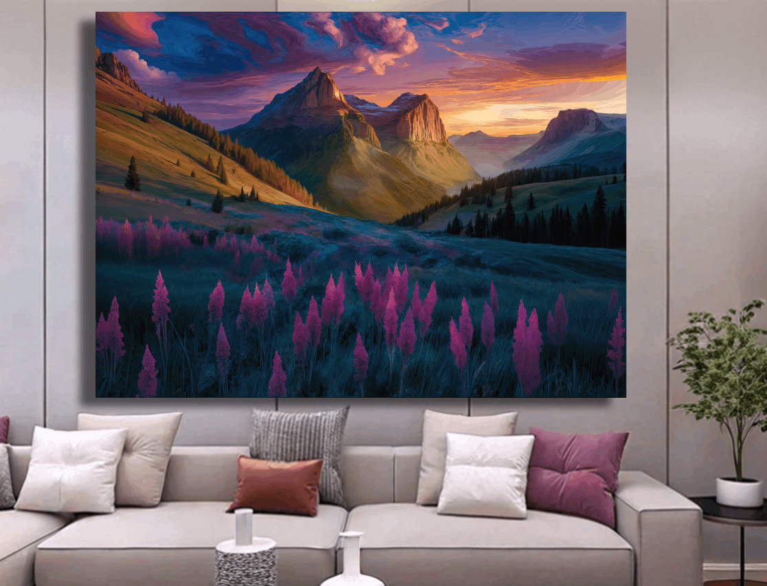 Blossoms Beneath Sunset Peaks Painting Wall Art