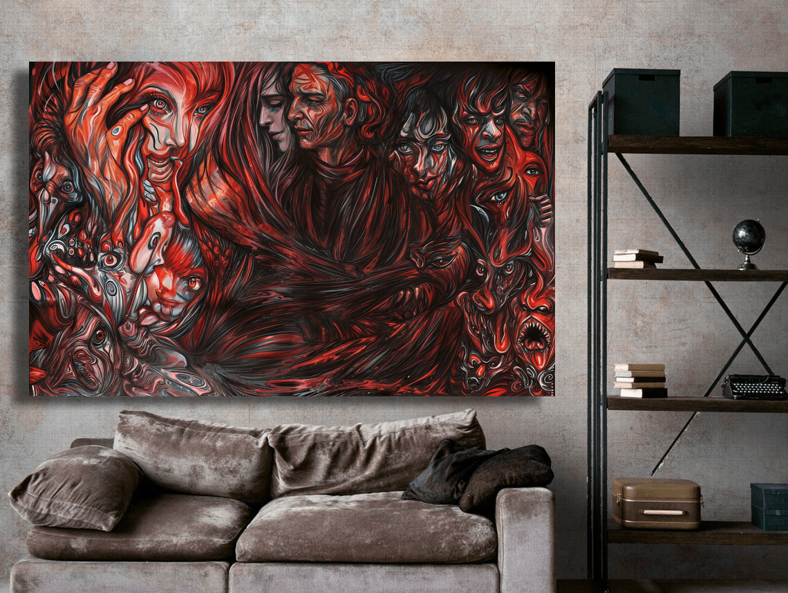 Embracing Figures Amid Chaos Wall Art