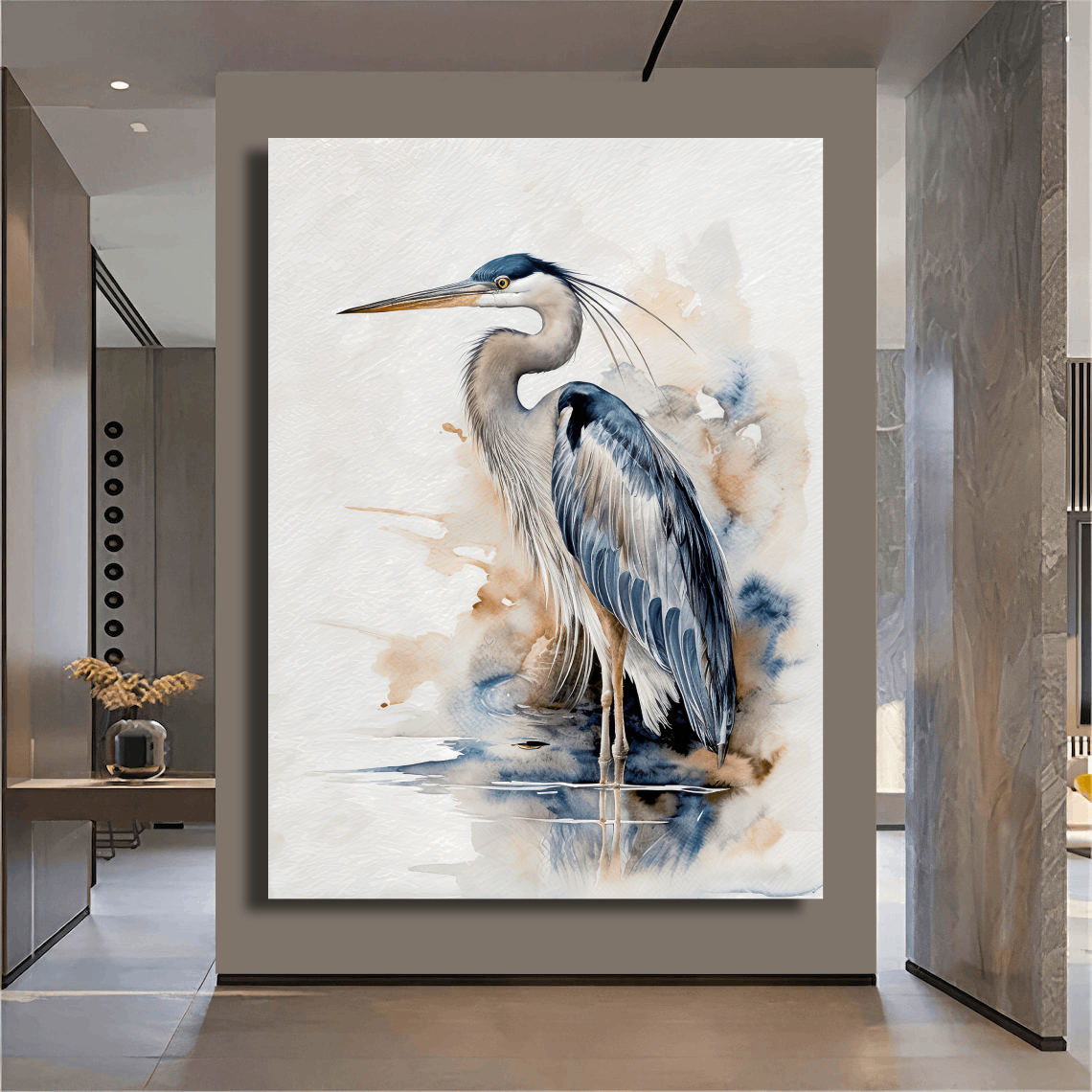 Graceful Heron Reflections Watercolor Wall Art