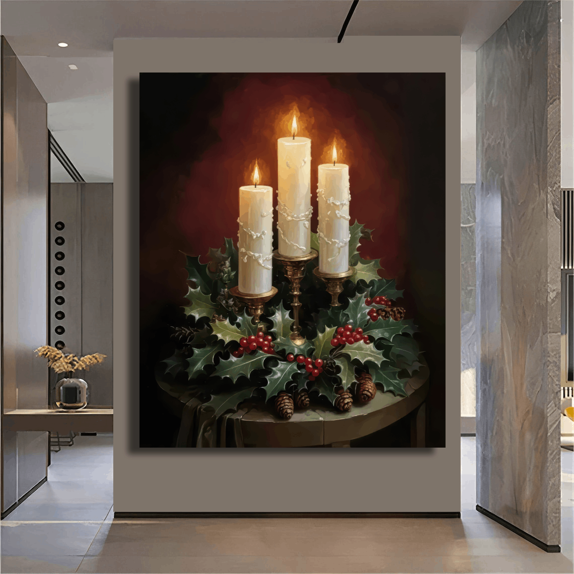 Holiday Candlelight and Holly Wall Art