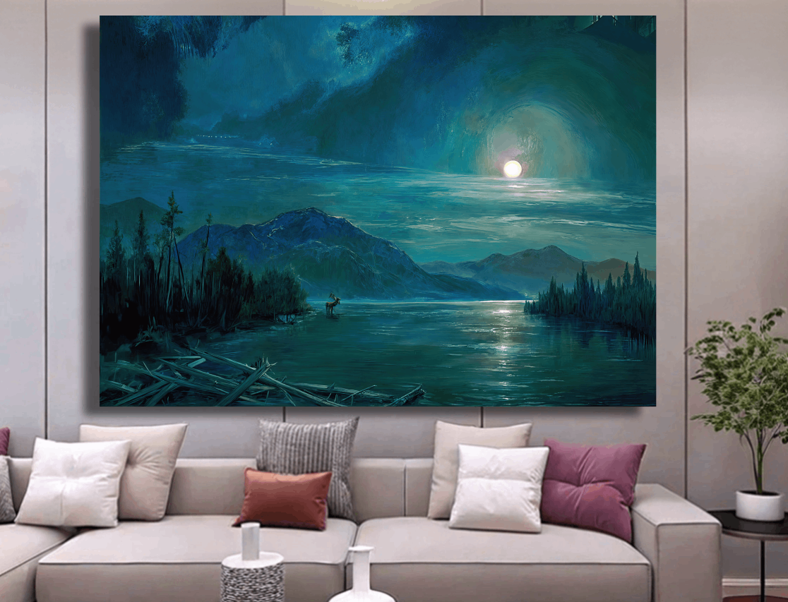 Moonlit River and Mountains Wall Art