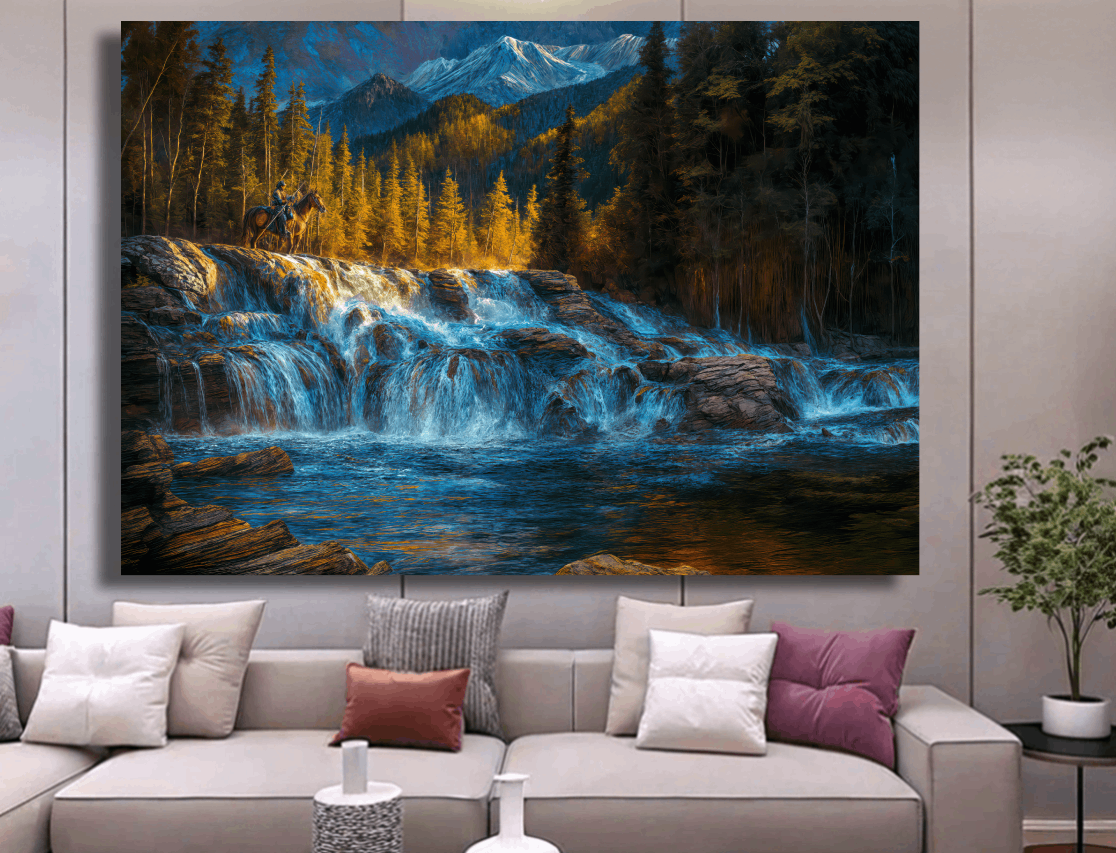 Rider Over Cascading Falls Wall Art