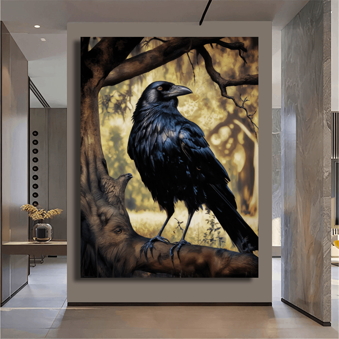 Solitary Raven Perched on a Rugged Tree Branch Wall Art