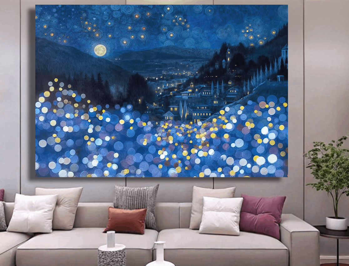 Starry Night Over Village Wall Art