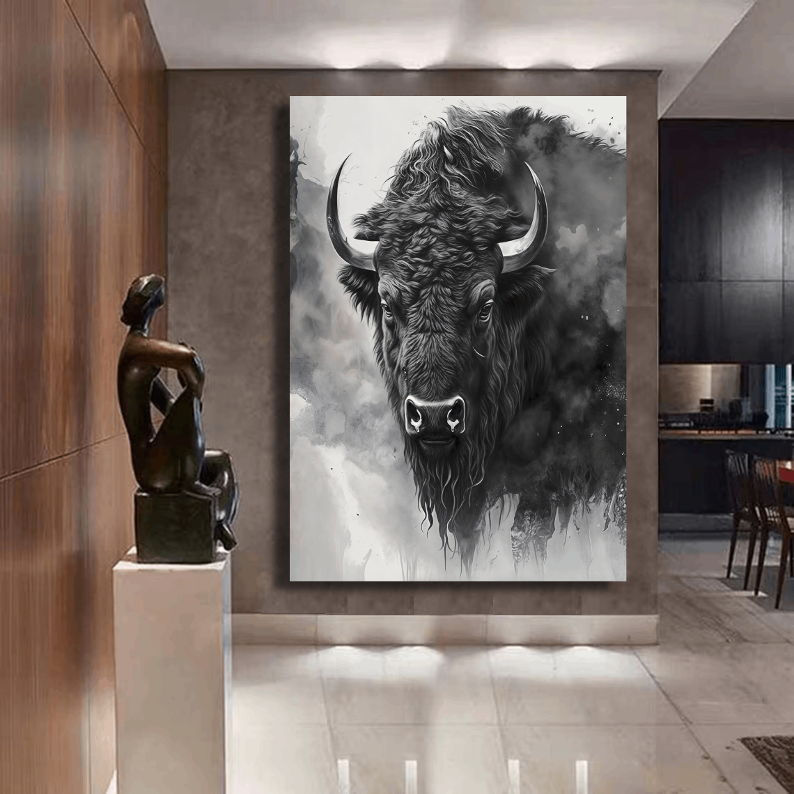 Buffalo’s Majestic Strength in Shadows Wall Art