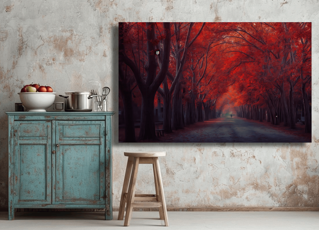 Crimson Pathway Through Forest Wall Art