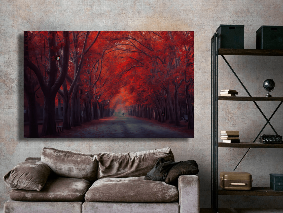 Crimson Pathway Through Forest Wall Art