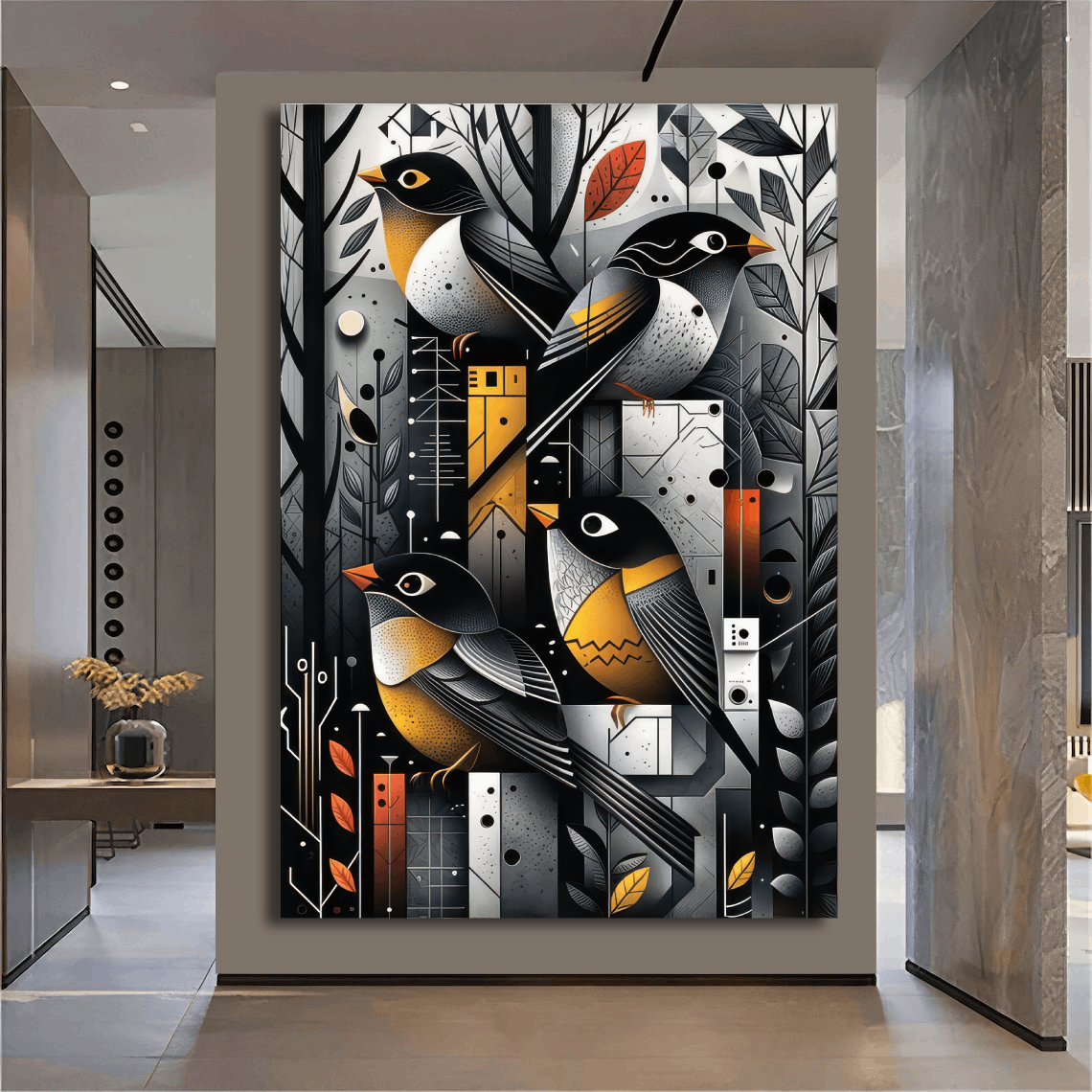 Geometric Birds in Forest Wall Art