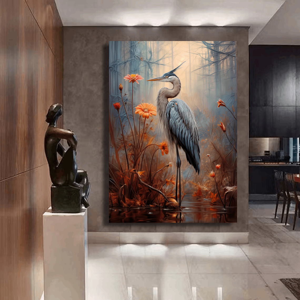 Graceful Heron Among Flowers Wall Art