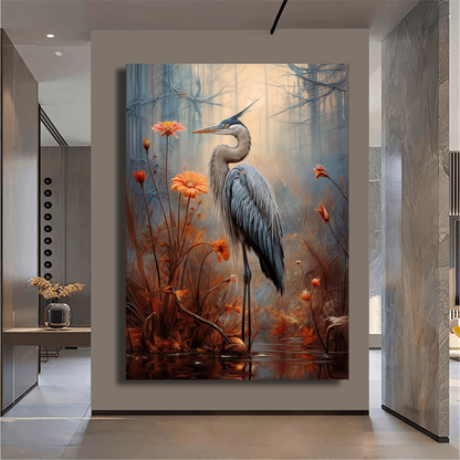 Graceful Heron Among Flowers Wall Art