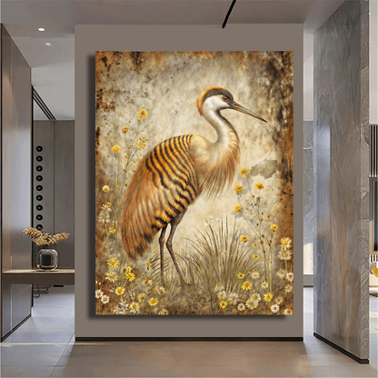 Heron Crane Bird in Rustic Wildflower Bloom Wall Art