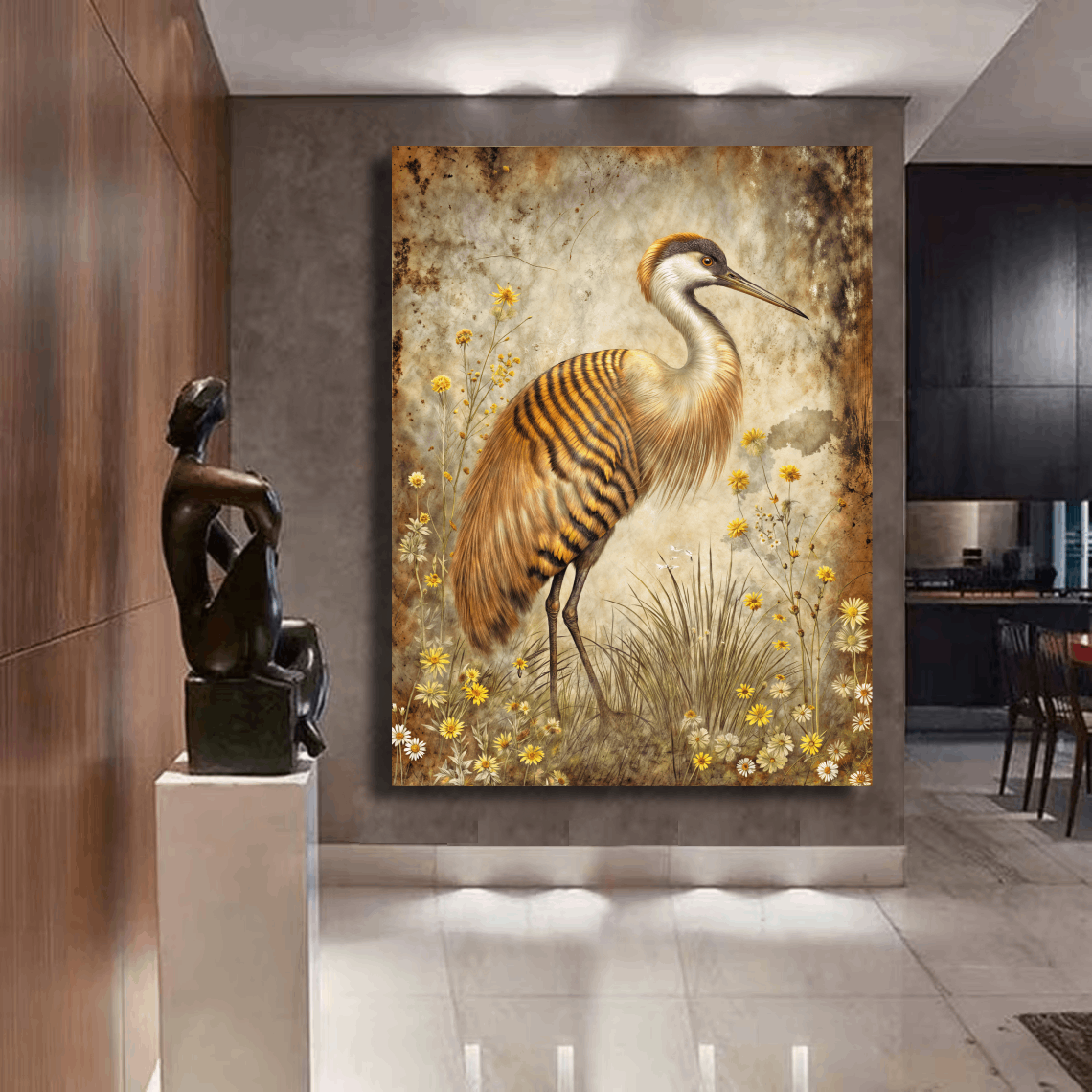 Heron Crane Bird in Rustic Wildflower Bloom Wall Art