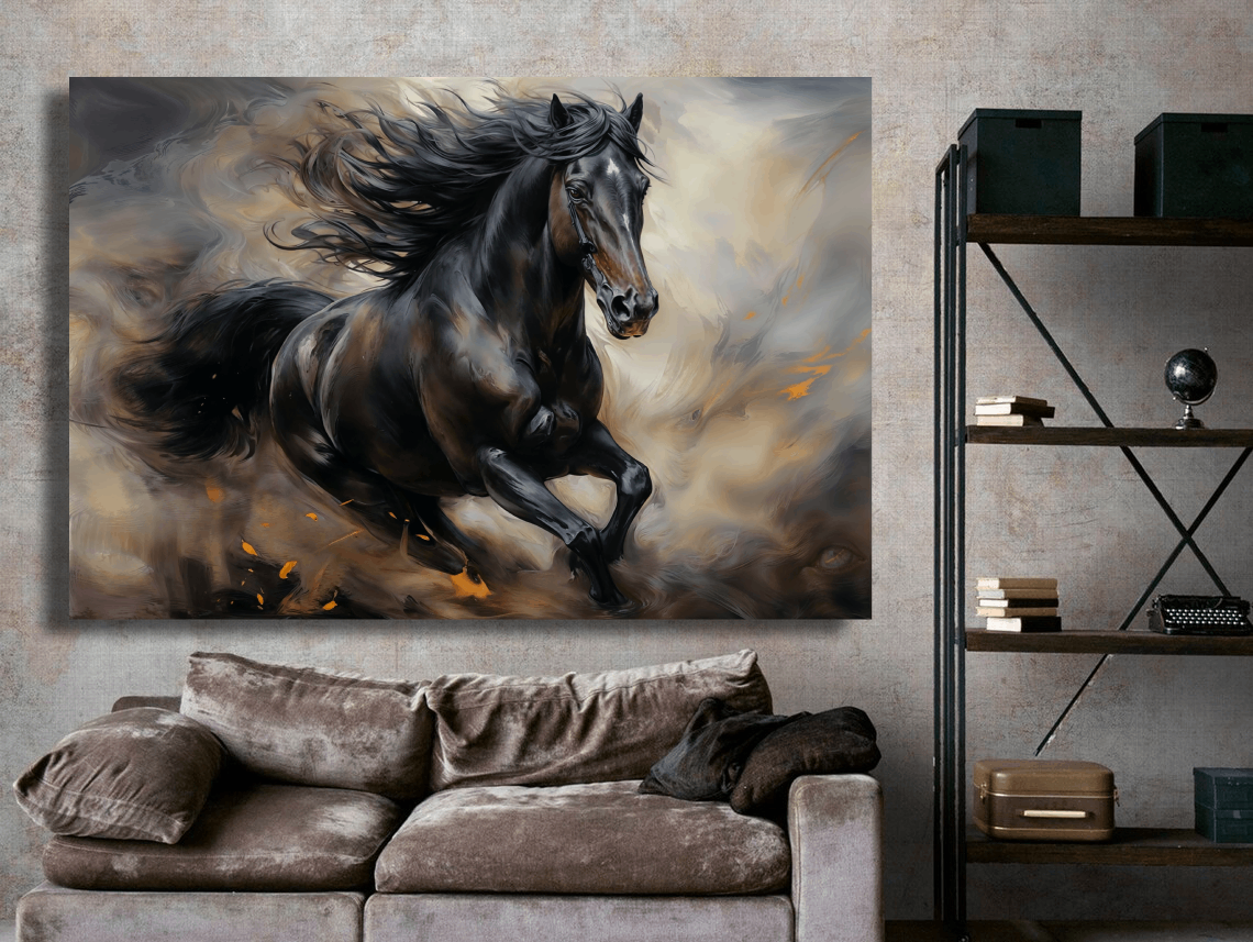 Majestic Black Horse in Motion Wall Art