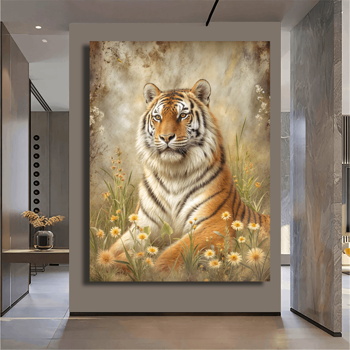 Rustic Majesty Tiger Amidst Wildflowers Wall Art