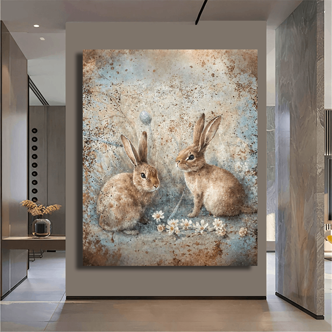 Rustic Rabbits in Spring Meadow Wall Art