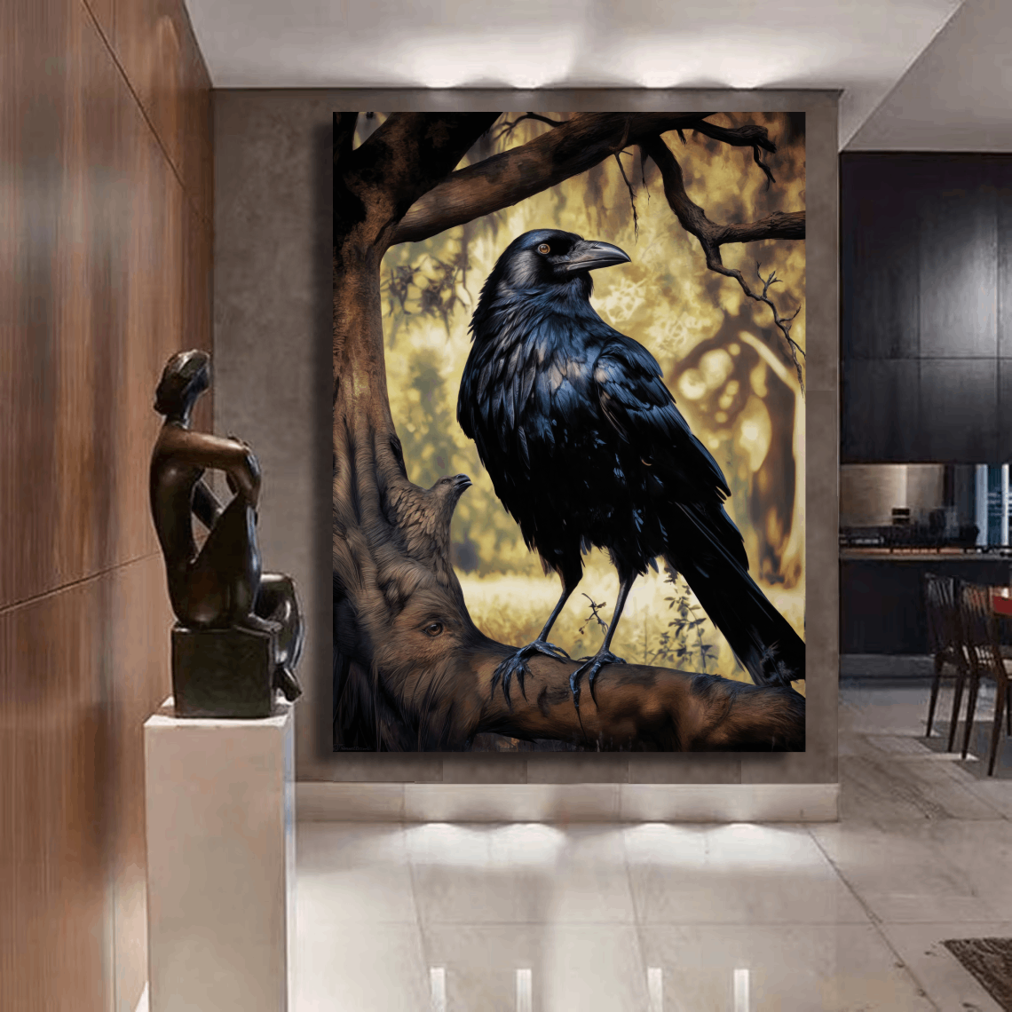 Solitary Raven Perched on a Rugged Tree Branch Wall Art