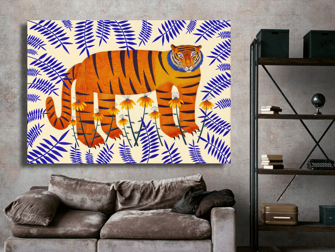 Tiger Among Wildflowers and Ferns Wall Art