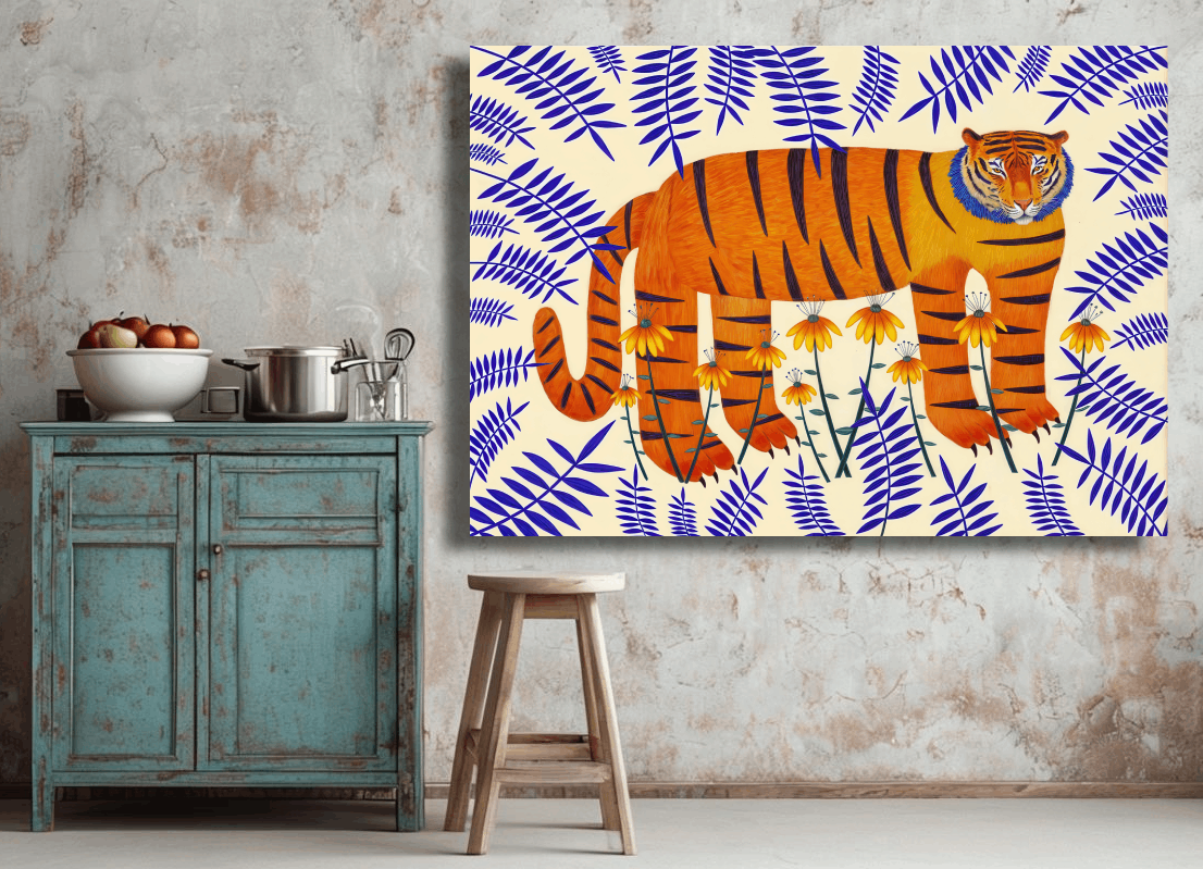 Tiger Among Wildflowers and Ferns Wall Art