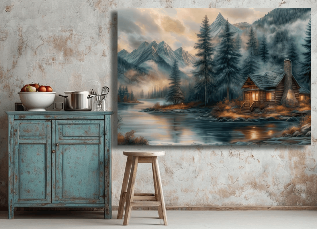 Tranquil Cabin by Mountains Wall Art