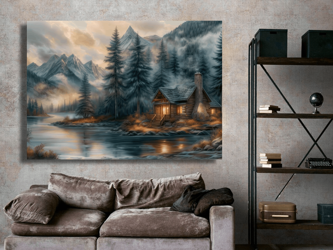 Tranquil Cabin by Mountains Wall Art