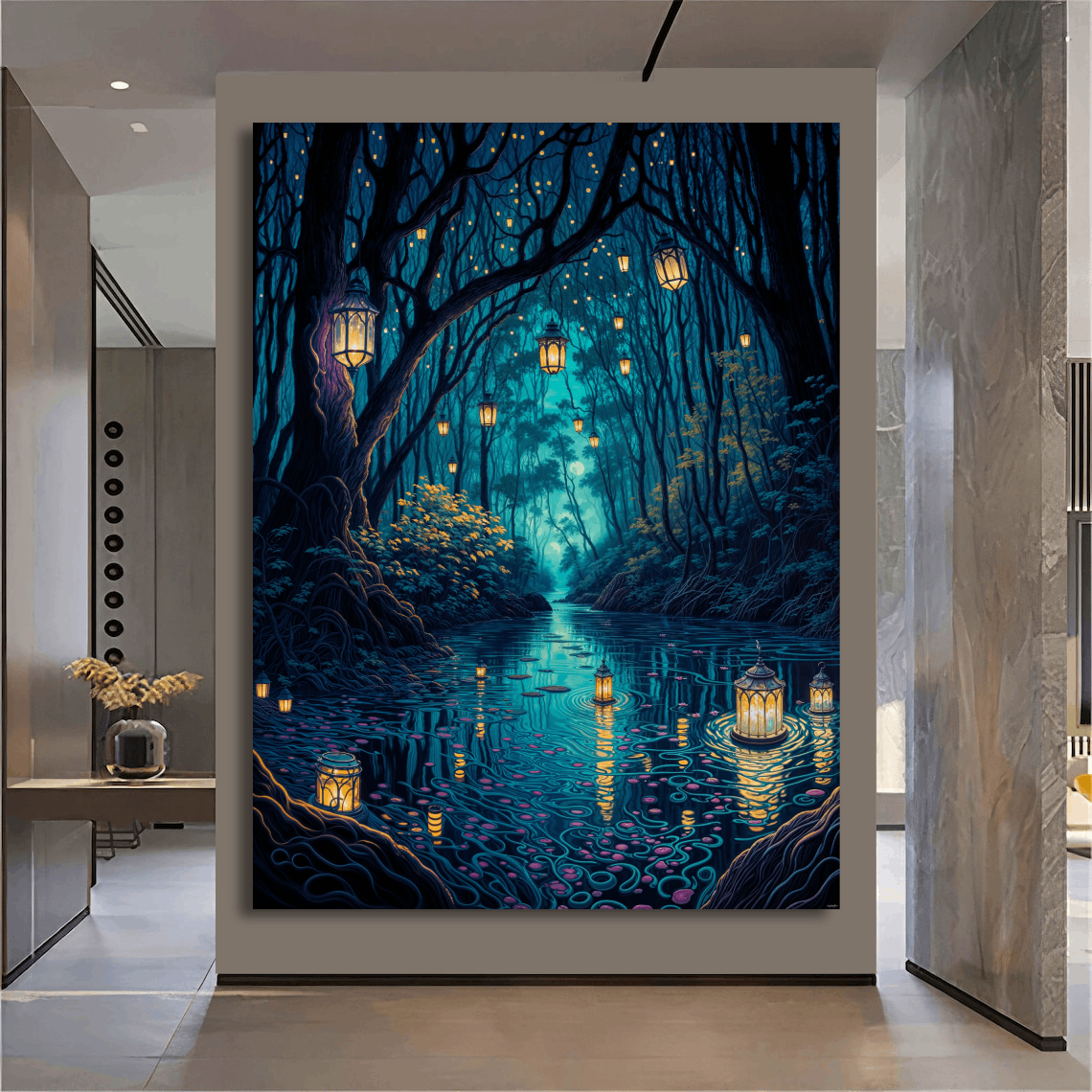 Trees, Lanterns and River Wall Art