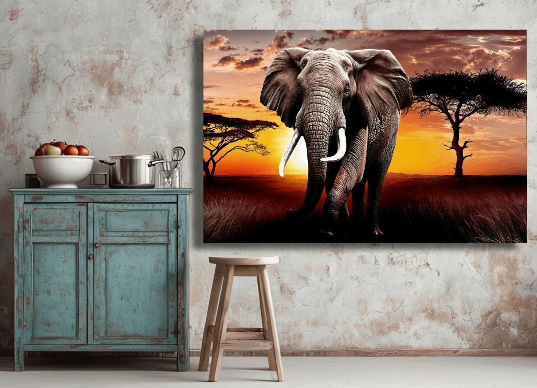 Wild Elephant by Sunset Wall Art